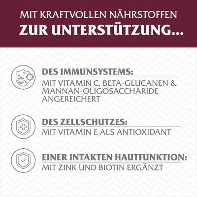 Mit kraftvollen Nährstoffen zur Unterstützung: Immunsystem mit Vitamin C, Beta-Glucanen; Zellschutz mit Vitamin E; Hautfunktion mit Zink und Biotin.
