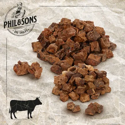 Phil & Sons koiranherkut. Naudanlihapalat paperitaustalla, lehmän siluetti leikkauskuviolla.