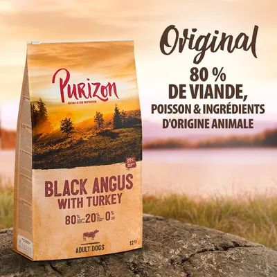 Purizon Black Angus with Turkey, croquettes pour chiens adultes, 12 kg. Texte visible : Original, 80 % de viande, poisson & ingrédients d'origine animale, 80 % viande, 20 % fruits/légumes, 0 % céréales.