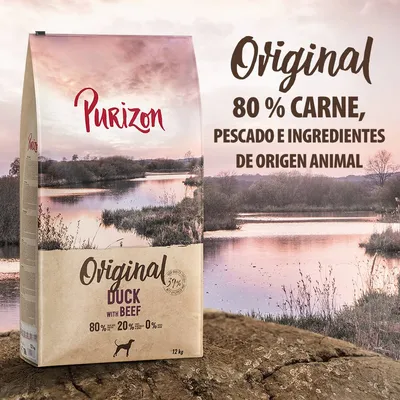 Purizon Original Duck with Beef, 12 kg. 80 % carne, pescado e ingredientes de origen animal. 80 % carne, 20 % vegetales, 0 % cereales. Texto en inglés y español visible en el envase.