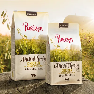 Purizon Ancient Grain Chicken Sterilised, visibile testo: 65% carne, 20% spelta e avena, 15% aringa. Con immagine di gatto e confezioni da 400 g e formato più grande.