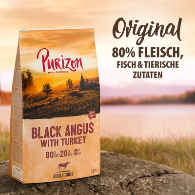 Purizon Black Angus with Turkey, 12 kg, pour chiens adultes. Texte visible : Original, 80% Fleisch, Fisch & tierische Zutaten, 80% animal ingredients, 20% vegetables, 0% grain.