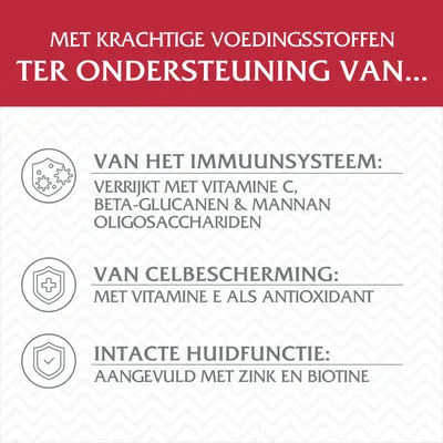 Met krachtige voedingsstoffen ter ondersteuning van het immuunsysteem, celbescherming en huidfunctie. Bevat vitamine C, E, beta-glucanen, mannan-oligosacchariden, zink en biotine.