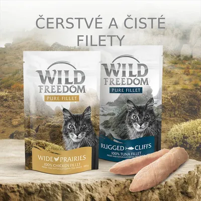 Wild Freedom Pure Fillet Wide Prairies 100% Chicken Fillet a Rugged Cliffs 100% Tuna Fillet pre mačky, balenia s obrázkom mačky a filetami, text: ČERSTVÉ A ČISTÉ FILETY