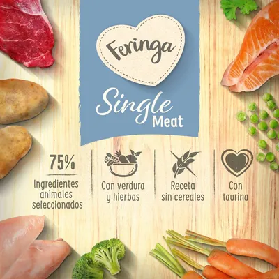 Feringa Single Meat. 75 % ingredientes animales seleccionados, con verdura y hierbas, receta sin cereales, con taurina. Patatas, carne, salmón, pollo, brócoli, zanahorias y guisantes visibles.