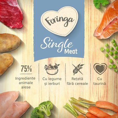 Feringa Single Meat. 75% ingrediente animale alese, cu legume și ierburi, rețetă fără cereale, cu taurină. Imagini cu carne, pește, cartofi, broccoli, morcovi, mazăre.