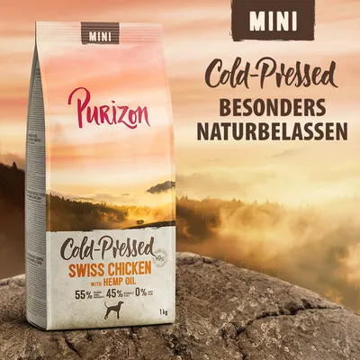 Purizon Mini Cold-Pressed Swiss Chicken mit Hanföl, besonders naturbelassen. 55% Fleischanteil, 45% pflanzlich, 0% Getreide. Verpackung zeigt 1 kg Beutel.