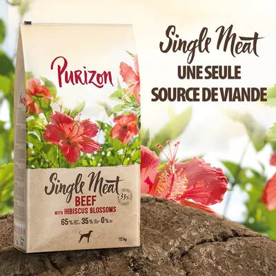 Purizon Single Meat Beef with Hibiscus Blossoms, 12 kg. Texte visible : Single Meat, une seule source de viande, 65 % – 35 % – 0 %. Illustration de fleurs d’hibiscus. Purizon Single Meat Beef with Hibiscus Blossoms, 12 kg. Texte visible : Single Meat, une seule source de viande, 65 % – 35 % – 0 %. Illustration de fleurs d’hibiscus.