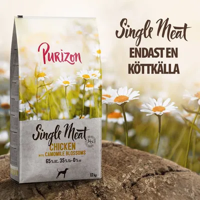 Purizon Single Meat Chicken with Camomile Blossoms, endast en köttkälla, 65 % kött, 35 % grönsaker, 0 % spannmål, 12 kg. Text: Single Meat, Endast en köttkälla.