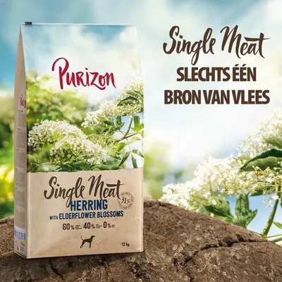 Purizon Single Meat Herring with Elderflower Blossoms, 12 kg. Slechts één bron van vlees. 60% vis, 40% groenten & fruit, 0% granen. Tekst in het Engels en Nederlands zichtbaar. Purizon Single Meat Herring with Elderflower Blossoms, 12 kg. Slechts één bron van vlees. 60% vis, 40% groenten & fruit, 0% granen. Tekst in het Engels en Nederlands zichtbaar.
