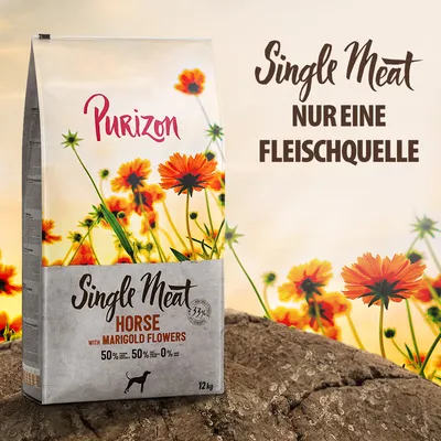 Purizon Single Meat Pferd mit Ringelblumen, nur eine Fleischquelle, 12 kg. 50% Fleisch, 50% Gemüse, 0% Getreide.