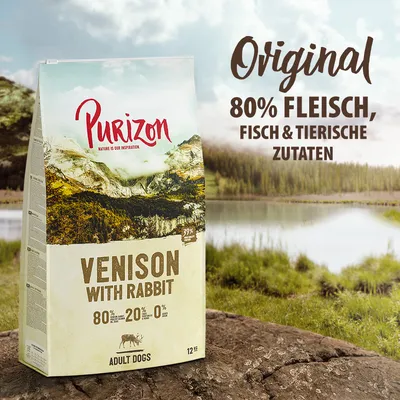 Purizon Adult Dogs Trockenfutter, Venison with Rabbit, 12kg. Original: 80% Fleisch, Fisch & tierische Zutaten, 20% Gemüse, 0% Getreide.