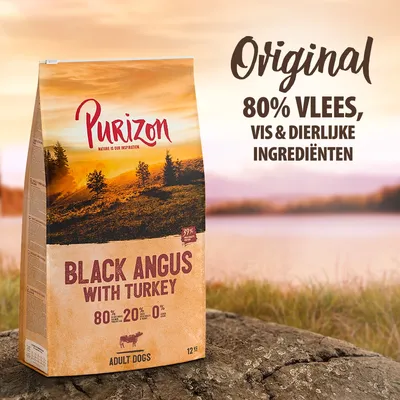 Purizon Black Angus with Turkey, Original, 80% vlees, vis & dierlijke ingrediënten, 12 kg, adult dogs. 80% vlees, 20% plantaardig, 0% graan.