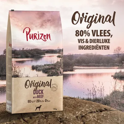 Purizon Original Duck with Beef hondenvoer, 12 kg. 80% vlees, vis & dierlijke ingrediënten. 20% groente, fruit & kruiden. 0% granen. Tekst: Original, 80% vlees, vis & dierlijke ingrediënten. Purizon Original Duck with Beef hondenvoer, 12 kg. 80% vlees, vis & dierlijke ingrediënten. 20% groente, fruit & kruiden. 0% granen. Tekst: Original, 80% vlees, vis & dierlijke ingrediënten.