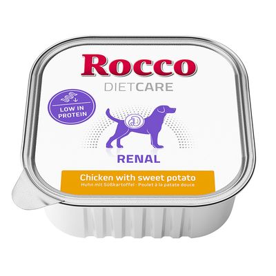 Barquette Rocco DietCare Renal, Low in protein, Chicken with sweet potato, Poulet à la patate douce. Illustration de chien violet avec symbole rénal.