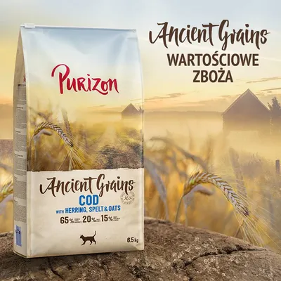 Purizon Ancient Grains Cod with Herring, Spelt & Oats, 6,5 kg. Skład: 65 % ryby i składniki rybne, 20 % zboża, 15 % warzywa. Dla kota. Tekst: Wartościowe zboża.