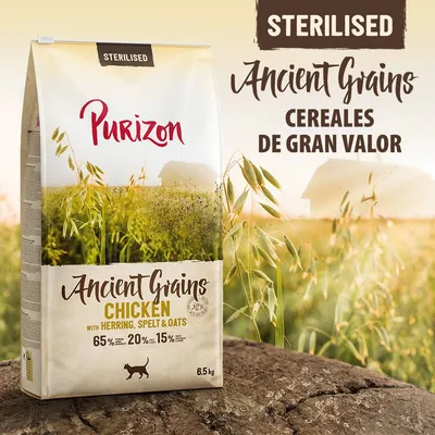 Purizon Ancient Grains Sterilised Chicken with Herring, Spelt & Oats, 65 % carne, 20 % cereales, 15 % verduras, 6,5 kg. Texto: Cereales de gran valor.