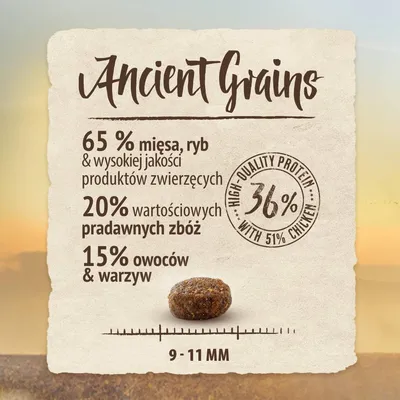 Ancient Grains. 65% mięsa, ryb i produktów zwierzęcych, 20% prastarych zbóż, 15% owoców i warzyw. Białko 36% z 51% kurczaka. Wielkość granulki 9–11 mm.