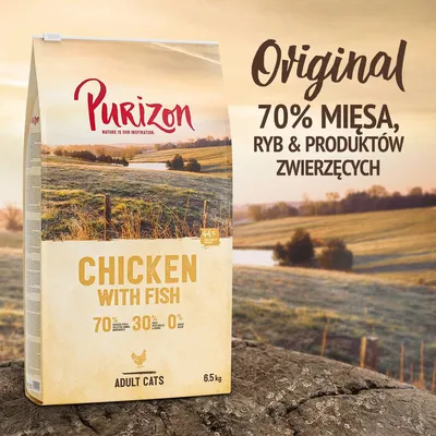 Purizon Chicken with Fish dla dorosłych kotów, 6,5 kg. 70% mięsa, ryb i produktów zwierzęcych, 30% składników roślinnych, 0% zbóż. Napis: Original.