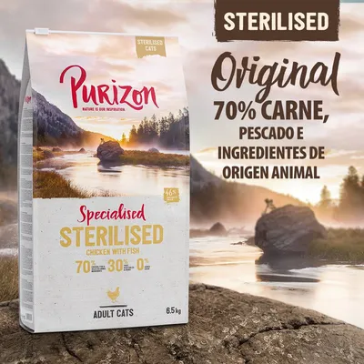 Purizon Specialised Sterilised Chicken with Fish para gatos adultos, 6,5 kg. 70 % carne, pescado e ingredientes de origen animal. 0 % cereales. Especial para gatos esterilizados. Purizon Specialised Sterilised Chicken with Fish para gatos adultos, 6,5 kg. 70 % carne, pescado e ingredientes de origen animal. 0 % cereales. Especial para gatos esterilizados.