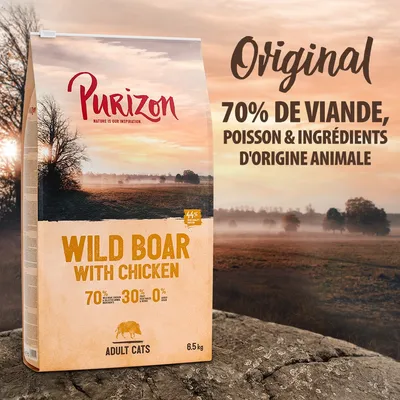 Purizon Wild Boar with Chicken, croquettes pour chats adultes, 6,5 kg. 70 % viande, poisson et ingrédients d’origine animale. 44 % protéines. 0 % céréales. Purizon Wild Boar with Chicken, croquettes pour chats adultes, 6,5 kg. 70 % viande, poisson et ingrédients d’origine animale. 44 % protéines. 0 % céréales.