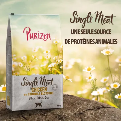 Purizon Single Meat Chicken with Camomile Blossoms, 6,5 kg. Une seule source de protéines animales. 70 % viande, 30 % fruits/légumes, 0 % céréales. Pour chat.