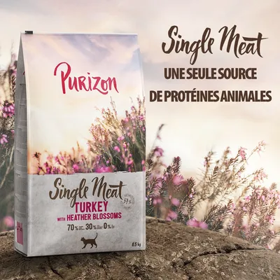 Purizon Single Meat Turkey with Heather Blossoms, 6,5 kg. Texte visible : une seule source de protéines animales, 70 %, 30 %, 0 %. Illustration de bruyère sur l’emballage.