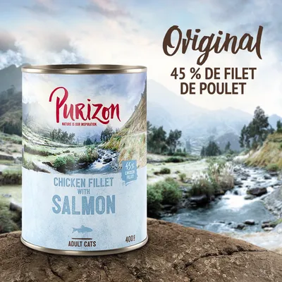 Purizon Chicken Fillet with Salmon, 400 g pour chats adultes. Texte visible : Original, 45 % de filet de poulet, 45% chicken fillet.