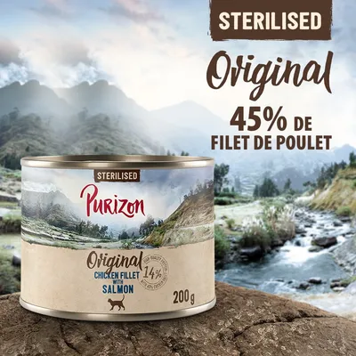 Purizon Sterilised Original, 45 % de filet de poulet, 14 % saumon, boîte 200 g. Texte visible : chicken fillet with salmon. Pour chats stérilisés.