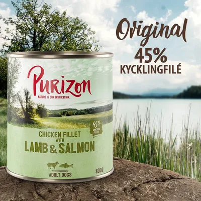 Purizon Chicken Fillet with Lamb & Salmon, 800 g burk för vuxna hundar. Text: Original 45 % kycklingfilé. 45 % chicken fillet. Nature is our inspiration.