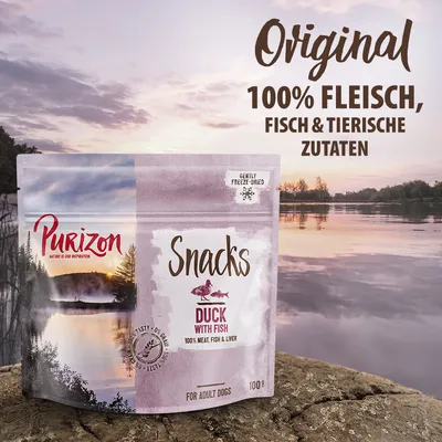 Purizon Snacks Duck with Fish, 100 % meat, fish & liver, gently freeze-dried, pour chiens adultes, sachet 100 g. Texte en allemand : Original 100% Fleisch, Fisch & tierische Zutaten.