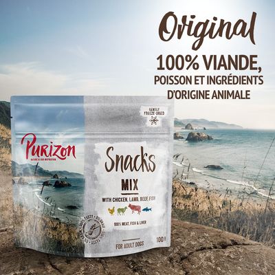 Purizon Snacks Mix pour chiens adultes, 100 g. 100 % viande, poisson et ingrédients d’origine animale. Poulet, agneau, bœuf, poisson. Gently freeze-dried. Texte en anglais sur l’emballage.