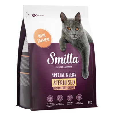 Smilla kattefoder Special Needs Sterilised, kornfri opskrift med laks, afbalanceret fedt- og energiniveau, omega-fedtsyrer, taurin, yucca schidigera, genluk, 1 kg.