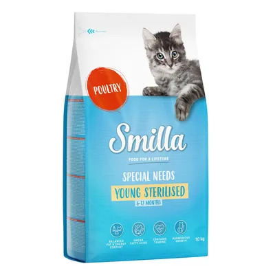 Smilla Special Needs Young Sterilised 6–12 months, volaille, 10 kg. Texte visible : balanced fat & energy content, omega fatty acids, contains taurine, harmonious growth.
