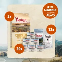 Purizon Gewinnspiel mit zooplus Abo: 2x Chicken with Fish Trockenfutter, 20x Nassfutterdosen, 12x Snacks Mix für Katzen. Teilnahme jetzt möglich.