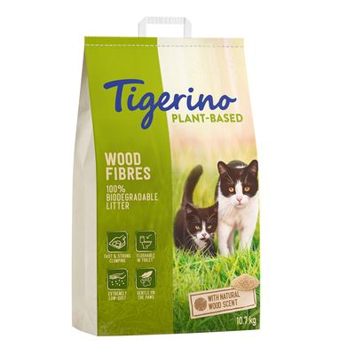 Tigerino Plant-Based cat litter made from wood fibres, 100% biodegradable, with natural wood scent, 10.7 kg. Features: strong clumping, flushable, low dust, gentle on paws.