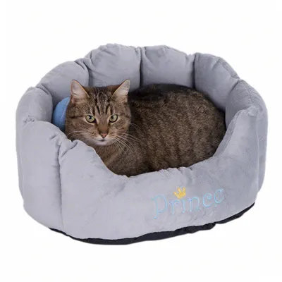 Chat tigré allongé dans un panier gris en tissu avec l’inscription « Prince » et une couronne brodées sur le devant.