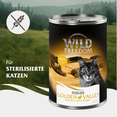 Wild Freedom Sterilised Golden Valley, Huhn mit Kaninchen, 400g. Für sterilisierte Katzen, 100% getreidefreie Rezeptur.