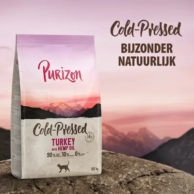 Purizon Cold-Pressed Turkey with Hemp Oil kattenvoer 2,5 kg. 90% dierlijk, 10% plantaardig, 0% granen. Tekst: Cold-Pressed, bijzonder natuurlijk.