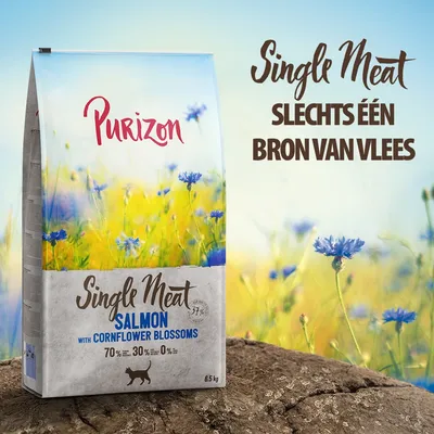 Purizon Single Meat Salmon with Cornflower Blossoms kattenvoer, slechts één bron van vlees, 70%–30%–0%, 6,5 kg. Tekst: Single Meat, slechts één bron van vlees.