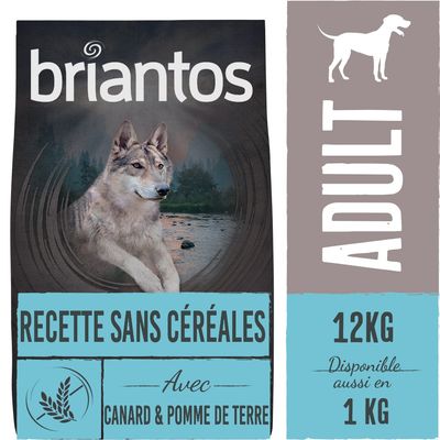 briantos RECETTE SANS CÉRÉALES Avec CANARD & POMME DE TERRE ADULT 12KG Disponible aussi en 1 KG