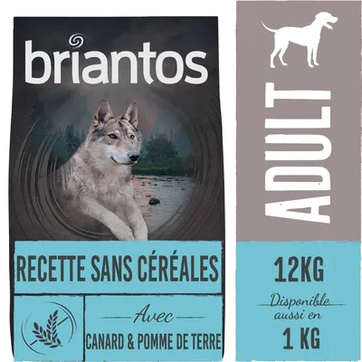 briantos RECETTE SANS CÉRÉALES Avec CANARD & POMME DE TERRE ADULT 12KG Disponible aussi en 1 KG