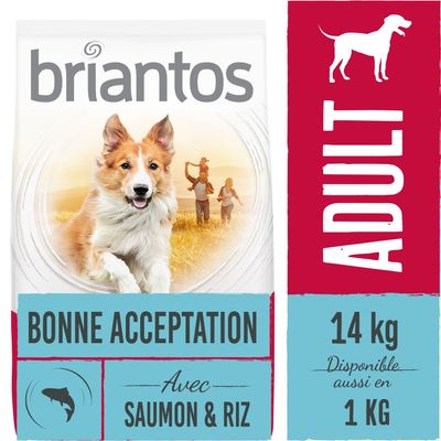 briantos ADULT, BONNE ACCEPTATION, avec saumon & riz, 14 kg, disponible aussi en 1 kg