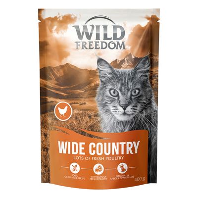 Sachet Wild Freedom Wide Country 6,5 kg, texte visible : 100% grain-free recipe, lots of fresh poultry meat, image de chat sur l'emballage.