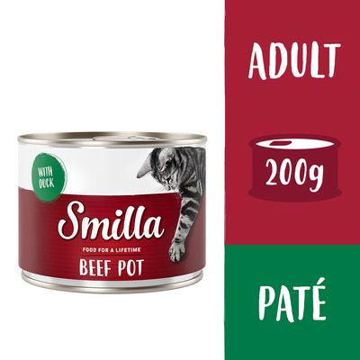 Smilla Beef Pot, lata de 200g. Com frango, contém taurina, receita sem cereais. Made in Germany. Alimento para toda a vida.
