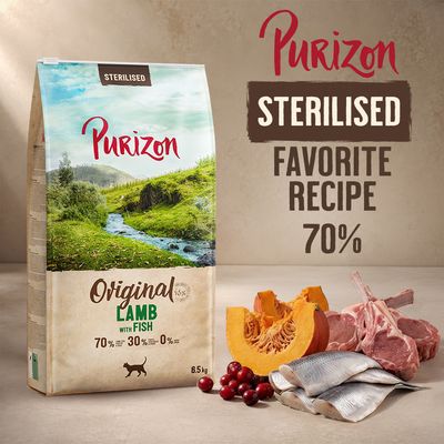Purizon Sterilised Original Agneau avec Poisson, Recette Préférée 70 %, emballage avec agneau, poisson, potiron et canneberges, 6,5 kg