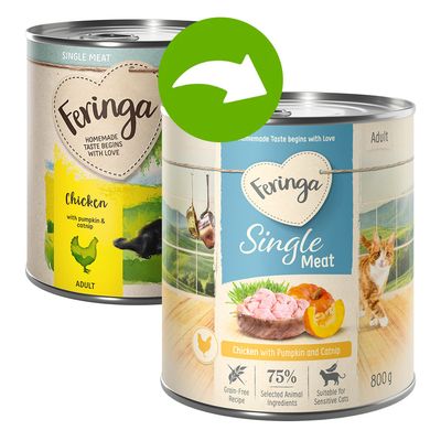 Feringa Single Meat Adult, Chicken mit Kürbis und Katzenminze, 800g Dose, 75% ausgewählte tierische Zutaten, getreidefrei, geeignet für empfindliche Katzen.
