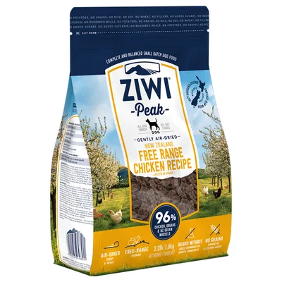 Sac Ziwi Peak Free Range Chicken Recipe pour chien, 96 % poulet, abats et moules vertes de NZ, 1,0 kg, séché à l’air, sans céréales, élevage en plein air. Texte en anglais.