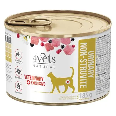 Blik 4vets Natural Urinary Non-Struvite natvoer voor katten, 185 g. Tekst: pH control formula, cranberry, grain free, veterinary exclusive. Afbeelding van kat en stukjes vlees op het etiket.