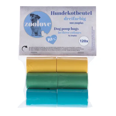zoolove Hundekotbeutel, Dog poop bags in three colours by zooplus, 120x, 10 %. Balenie sáčkov na psie exkrementy v žltej, zelenej a modrej farbe. Text v nemčine a angličtine.